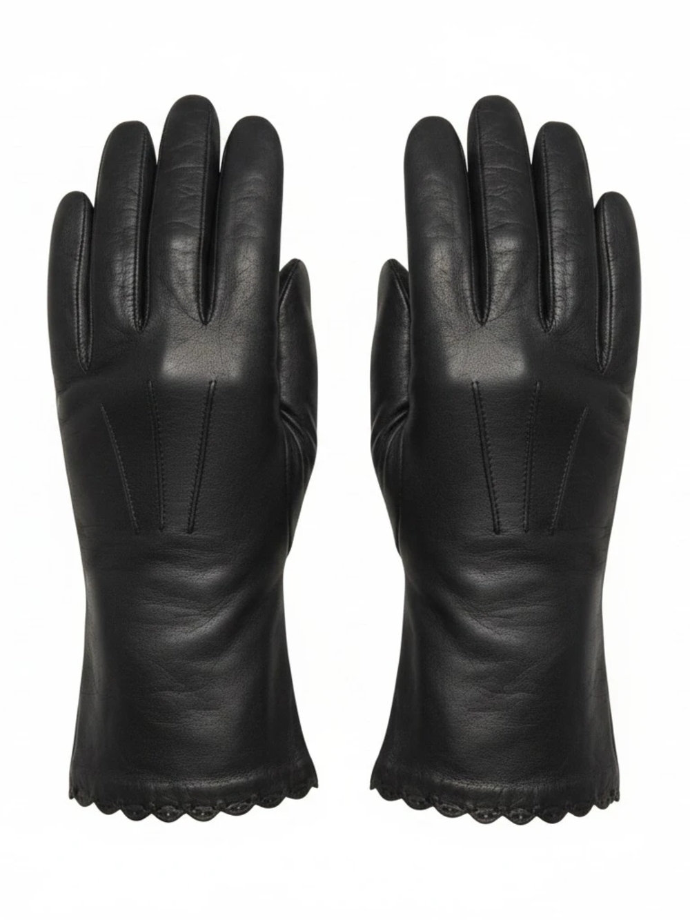 Black Leather Gloves with Scalloped Edge